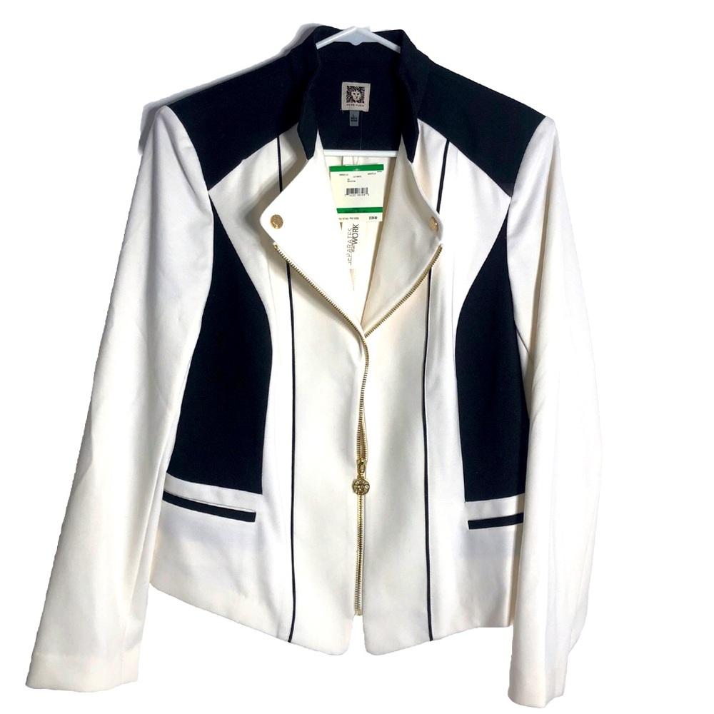 Anne Klien Black and White Color Block Zip Blazer w/ Shoulder Pads Size Large